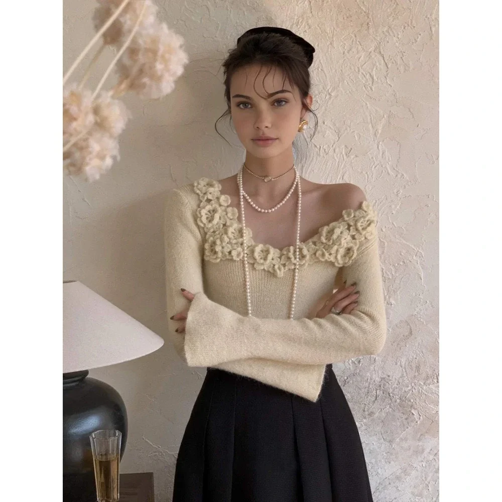 Commense Chic Cream Crochet Flower Trim V Neck Long Sleeve Crop Sweater Top L